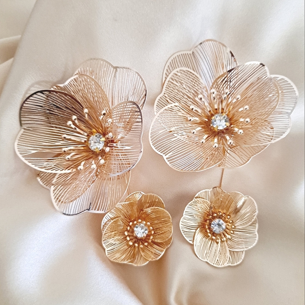 Gold Oversized Cascading chandelier 3D 2 flower statement earrings